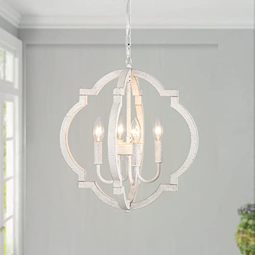 White Wooden Orb Chandelier with 4 Lights