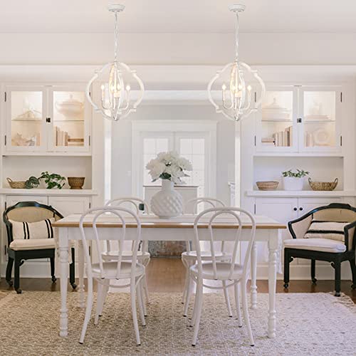 White Wooden Orb Chandelier with 4 Lights