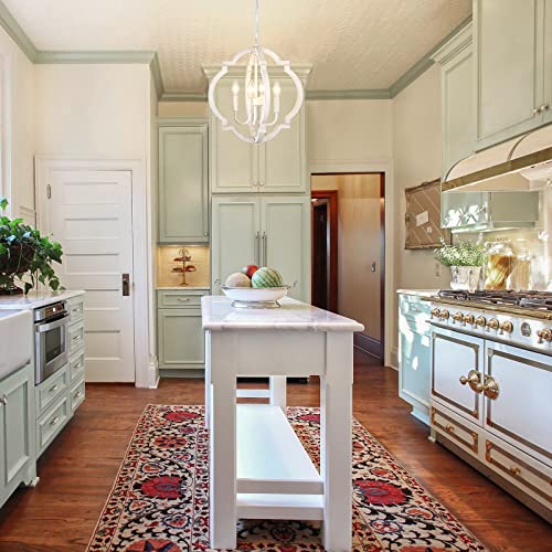 White Wooden Orb Chandelier with 4 Lights