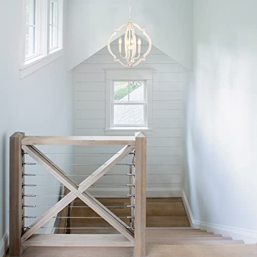 White Wooden Orb Chandelier with 4 Lights