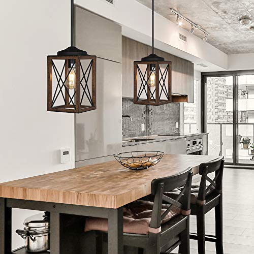 Wood Grain Finish Pendant Light Fixture, Adjustable 48