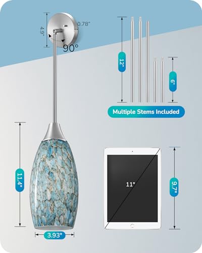 Blue Glass Pendant Light Fixture with Adjustable Rods