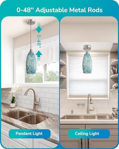 Blue Glass Pendant Light Fixture with Adjustable Rods