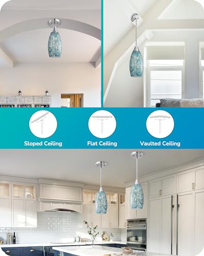 Blue Glass Pendant Light Fixture with Adjustable Rods