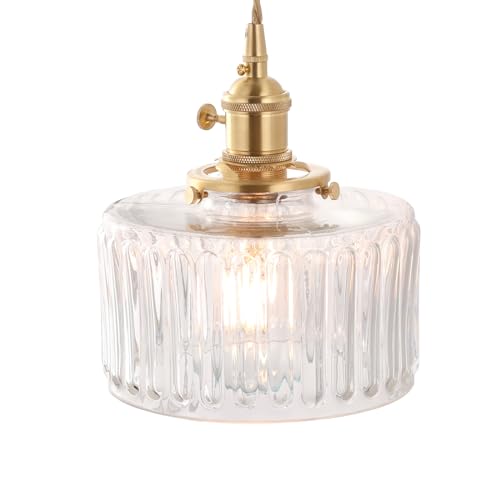 Vintage Brass Pendant Light with Clear Striped Glass