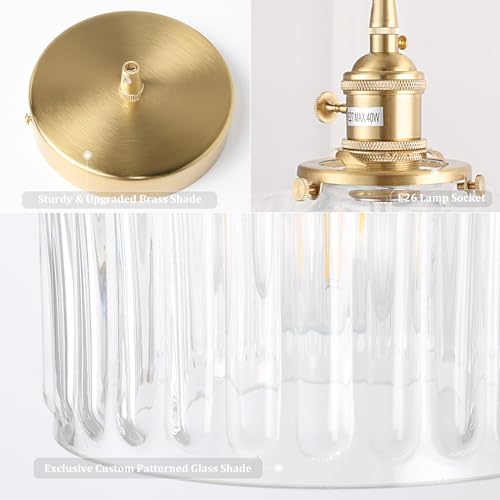 Vintage Brass Pendant Light with Clear Striped Glass