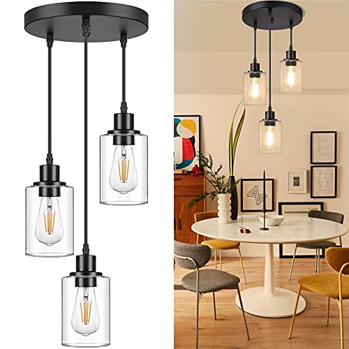 Vintage Industrial 3-Light Pendant Light Fixture, Clear Glass Shade