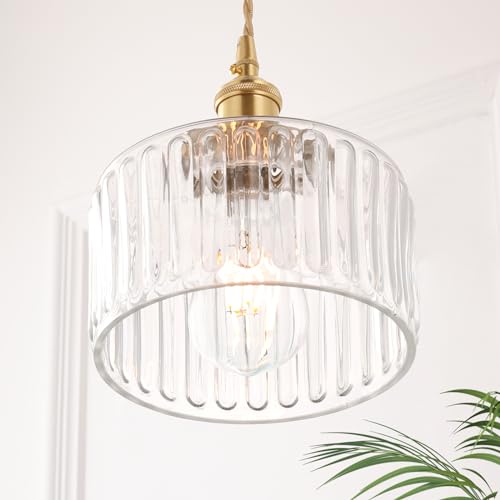 Vintage Brass Pendant Light with Clear Striped Glass