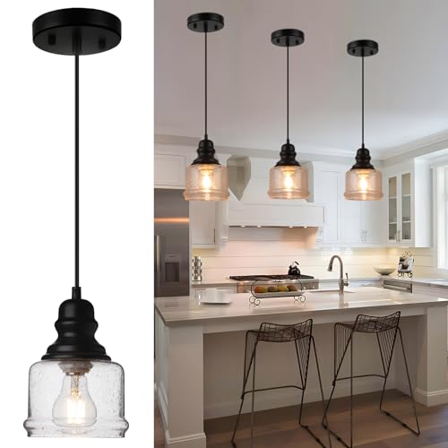 WILON Industrial Pendant Light, 4'' Black Seeded Glass