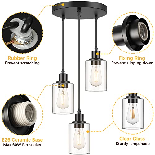 Vintage Industrial 3-Light Pendant Light Fixture, Clear Glass Shade