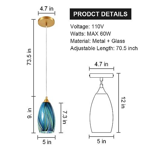 Blue Hand-Blown Art Glass Pendant Lights for Kitchen