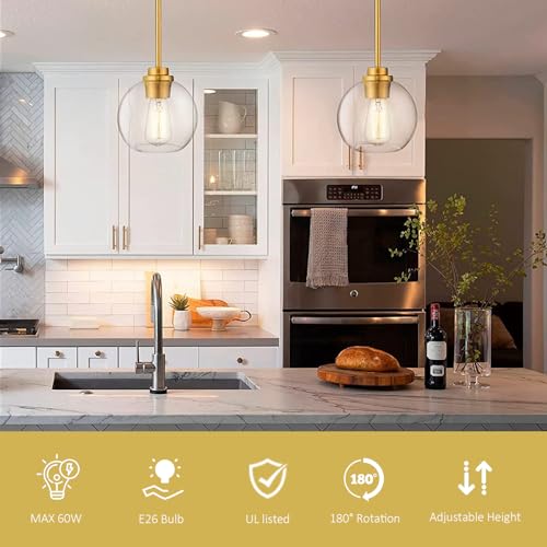 Gold Pendant Lights, 7 Inch Globe, Clear Glass