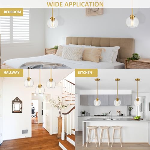 Gold Pendant Lights, 7 Inch Globe, Clear Glass