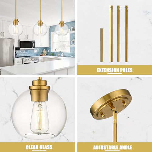 Gold Pendant Lights, 7 Inch Globe, Clear Glass