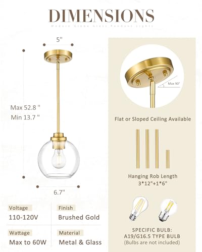 Brushed Gold Pendant Light with Clear Glass Globe