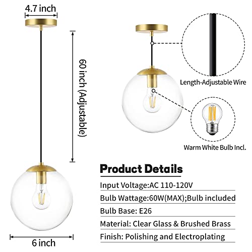 6" Modern Globe Pendant Light Clear Glass Brass Finish