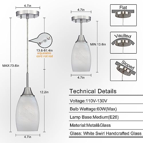 Modern Handblown White Glass Pendant Lights, Set of 3