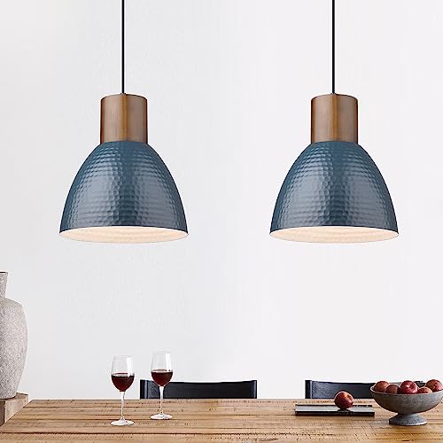2 Pack Modern Pendant Lights, Wood Bar, Hammered Metal
