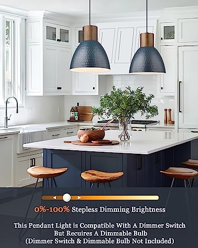 2 Pack Modern Pendant Lights, Wood Bar, Hammered Metal