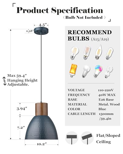 2 Pack Modern Pendant Lights, Wood Bar, Hammered Metal