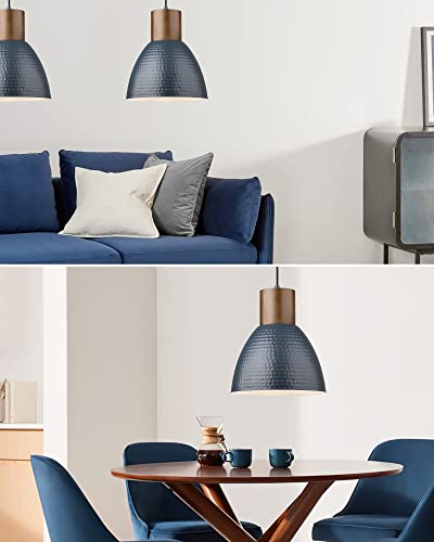 2 Pack Modern Pendant Lights, Wood Bar, Hammered Metal