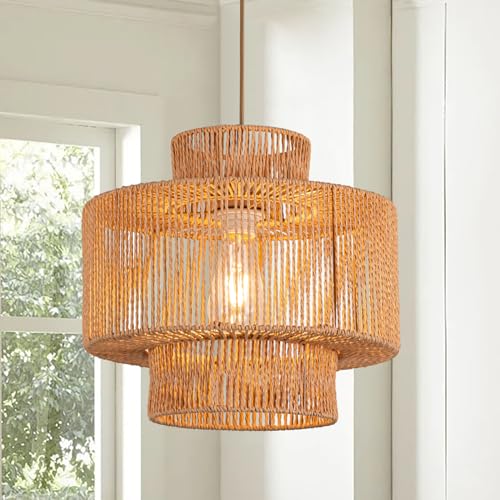 Boho Woven Rattan Pendant Light for Kitchen Island