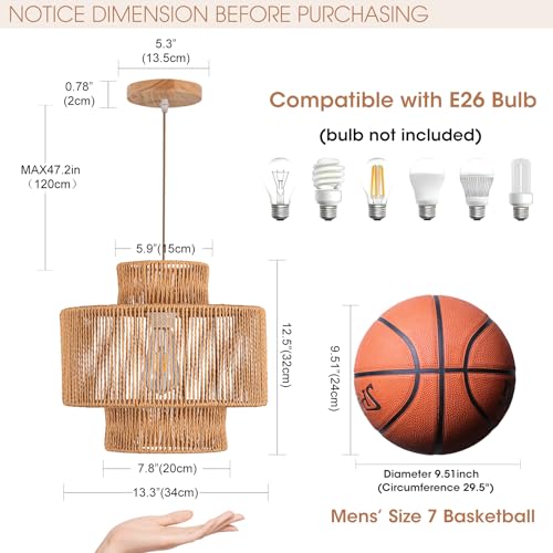 Boho Woven Rattan Pendant Light for Kitchen Island