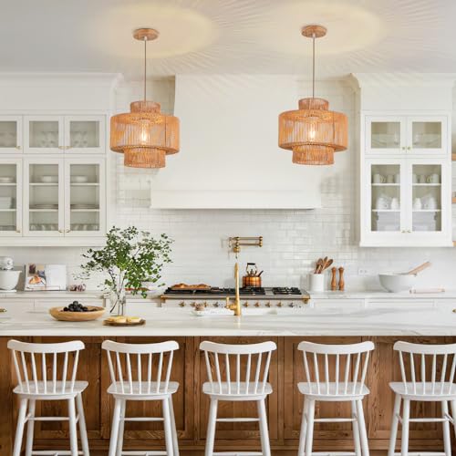 Boho Woven Rattan Pendant Light for Kitchen Island