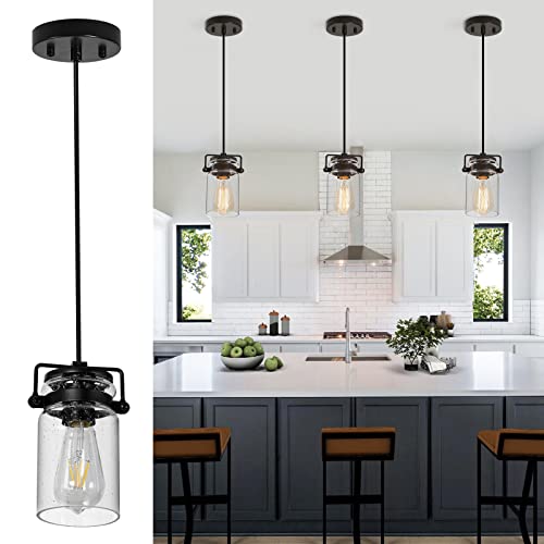 Industrial Pendant Light with Seeded Glass Shade, Black