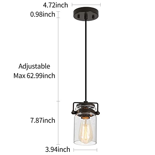 Industrial Pendant Light with Seeded Glass Shade, Black