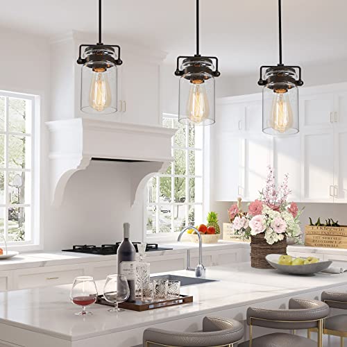 Industrial Pendant Light with Seeded Glass Shade, Black