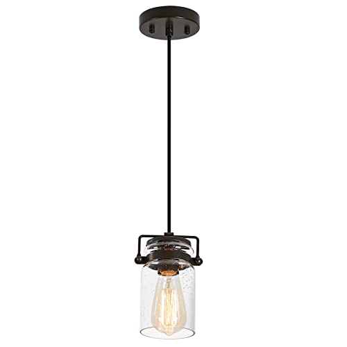 Industrial Pendant Light with Seeded Glass Shade, Black