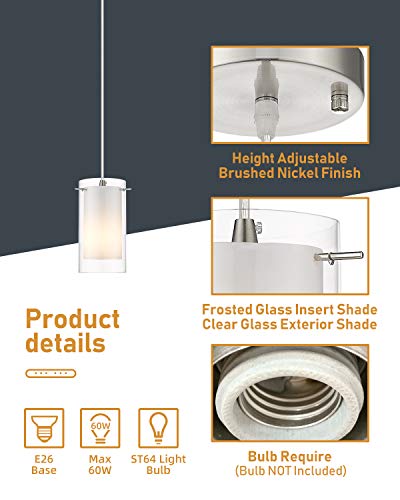Glass Pendant Light Fixture, Adjustable Height, Brushed Nickel