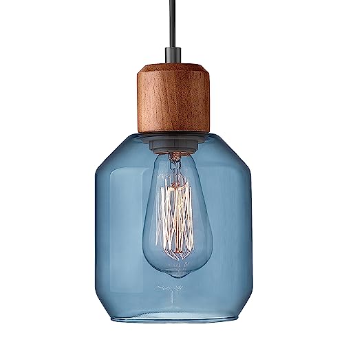 Blue clear glass pendant lights with solid wood fixtures