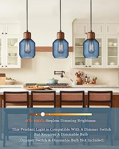 Blue clear glass pendant lights with solid wood fixtures