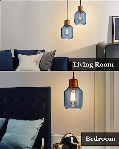 Blue clear glass pendant lights with solid wood fixtures