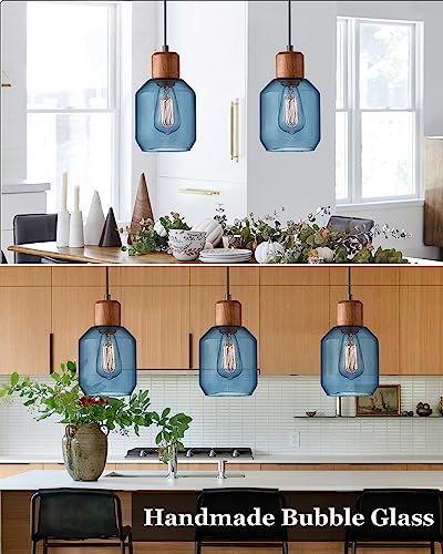 Blue clear glass pendant lights with solid wood fixtures