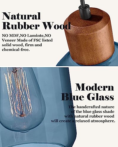Blue clear glass pendant lights with solid wood fixtures