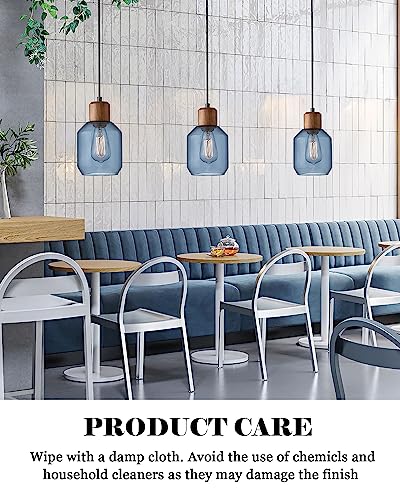 Blue clear glass pendant lights with solid wood fixtures