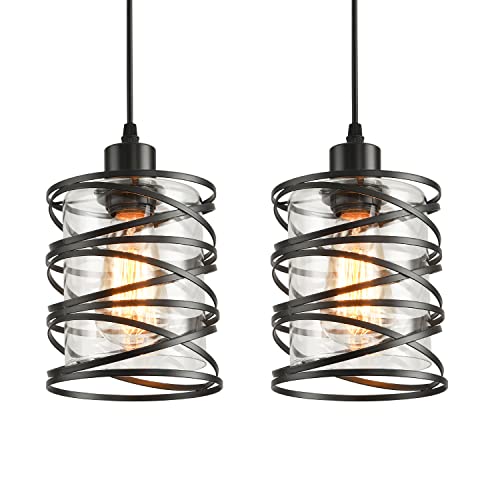 Black Spiral Cage Pendant Lights 2 Pack with Clear Glass Shade
