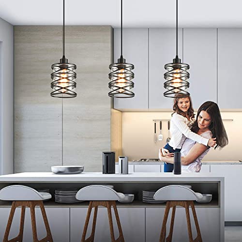 Black Spiral Cage Pendant Lights 2 Pack with Clear Glass Shade