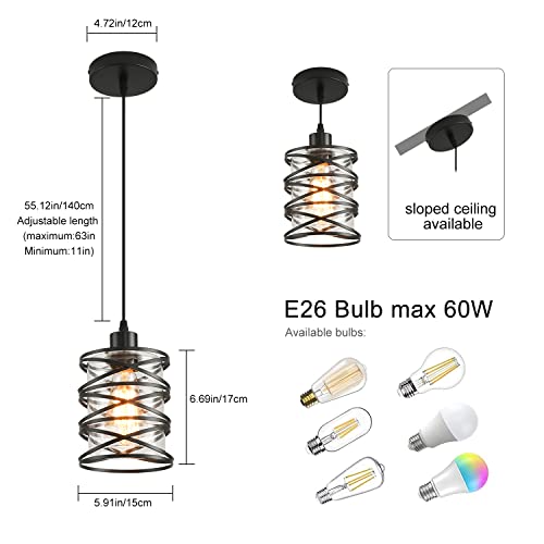 Black Spiral Cage Pendant Lights 2 Pack with Clear Glass Shade