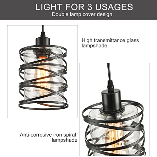 Black Spiral Cage Pendant Lights 2 Pack with Clear Glass Shade