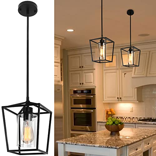 Black Farmhouse Lantern Pendant Light with Clear Glass Shade