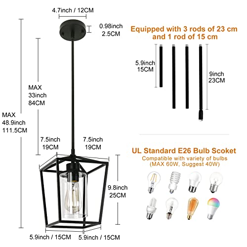 Black Farmhouse Lantern Pendant Light with Clear Glass Shade