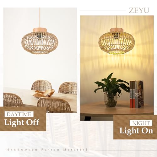 Zeyu Farmhouse Rattan Pendant Light, Boho Hanging Lamp