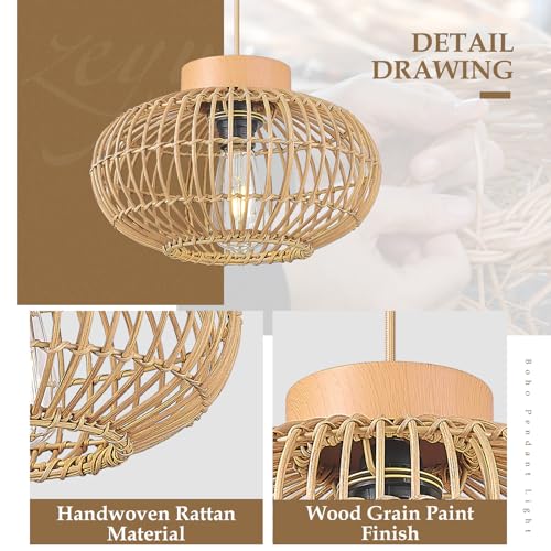 Zeyu Farmhouse Rattan Pendant Light, Boho Hanging Lamp