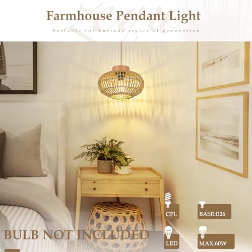 Zeyu Farmhouse Rattan Pendant Light, Boho Hanging Lamp