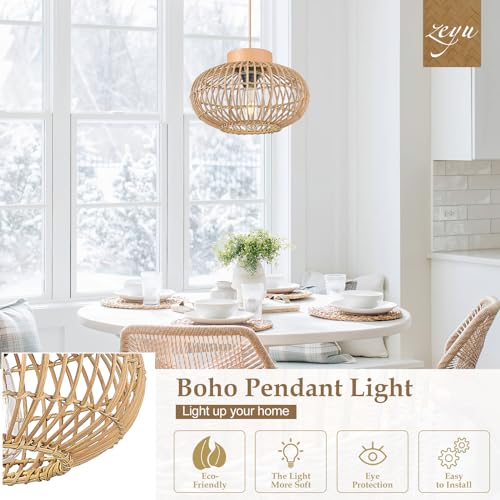 Zeyu Farmhouse Rattan Pendant Light, Boho Hanging Lamp