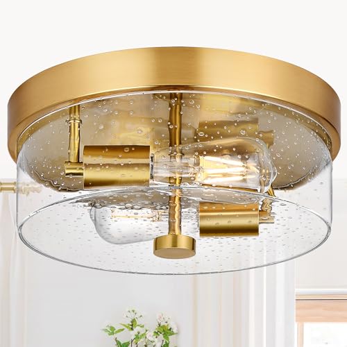 Gold Industrial Flush Mount Ceiling Light with Seeded Glass